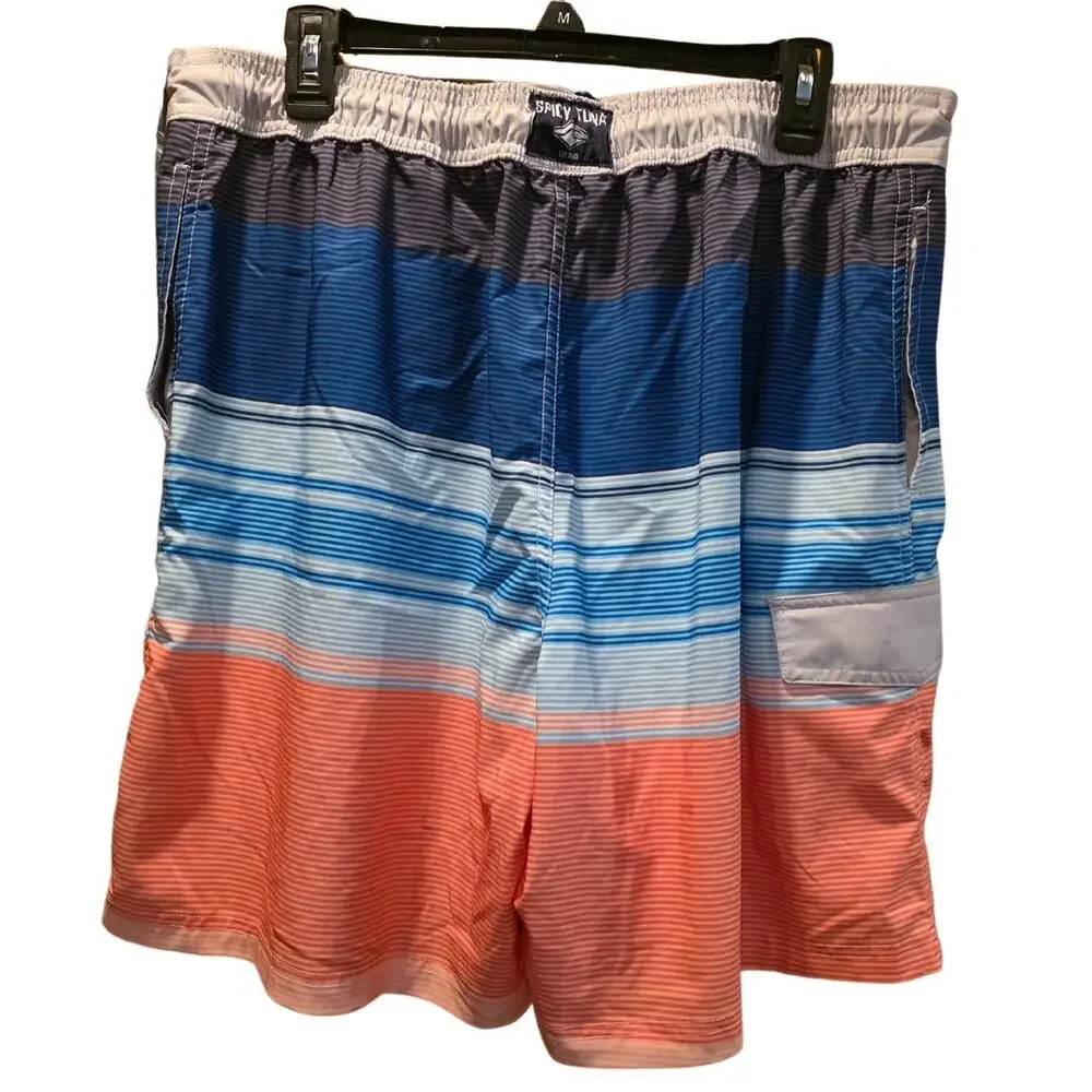 Spicy Tuna Swim Trunks Men Sz XL Striped‎ Pockets Mesh Lined Drawstring Shorts